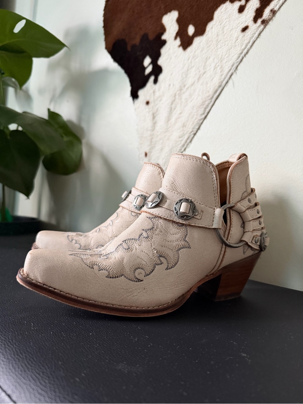 Myra Bag Cream Western Ankle Booties with Studded Harness